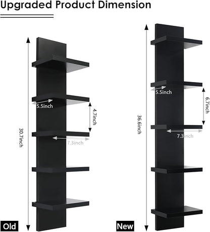 Homaterial 5 Tier Shelvesl, Vertical Column Wall Decor Mount Floating Shelves for Bedrooms, Living Rooms, Natural Finish Wall Shelf, Black