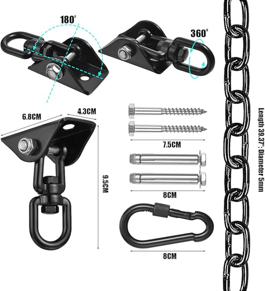 Hammock Hanging Kit, Hanging Chair Hardware with Chain 1000 lb Capacity Hammock Hooks, Heavy Duty Porch Swing Hanger, 360 Swivel Ceiling Hooks Snap for Chair, Seat, Yoga, Punching Bag, Gym (Black)