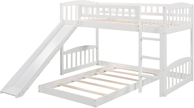 Twin Over Twin Bunk Bed, Wood Bunk Bed with Slide and Ladder, White