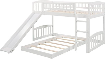Twin Over Twin Bunk Bed, Wood Bunk Bed with Slide and Ladder, White