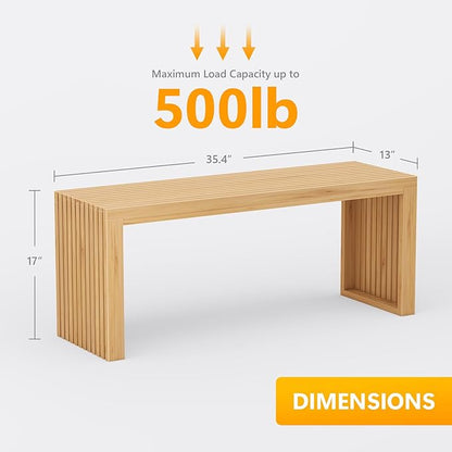 Bamboo Dining Bench, 35'' Slatted Design Entryway Bench, Natural | Modern Solid Bamboo Seating Bench for Indoor & Outdoor Use, Ideal for Kitchen, Hallway, Bedroom