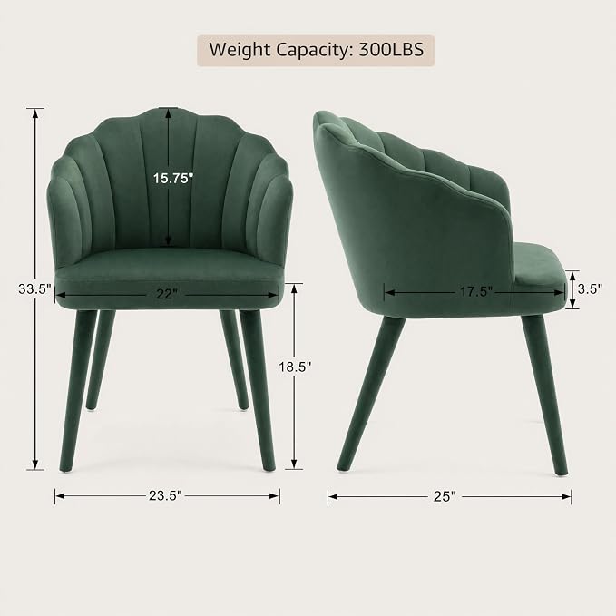 Hyfirm Velvet Dining Chairs Set of 2, Upholstered Modern Kitchen Dining Chairs with Petal Back & Fabric Covered Wooden Legs, Comfy Accent Armchairs for Bedroom/Kitchen/Vanity, Green
