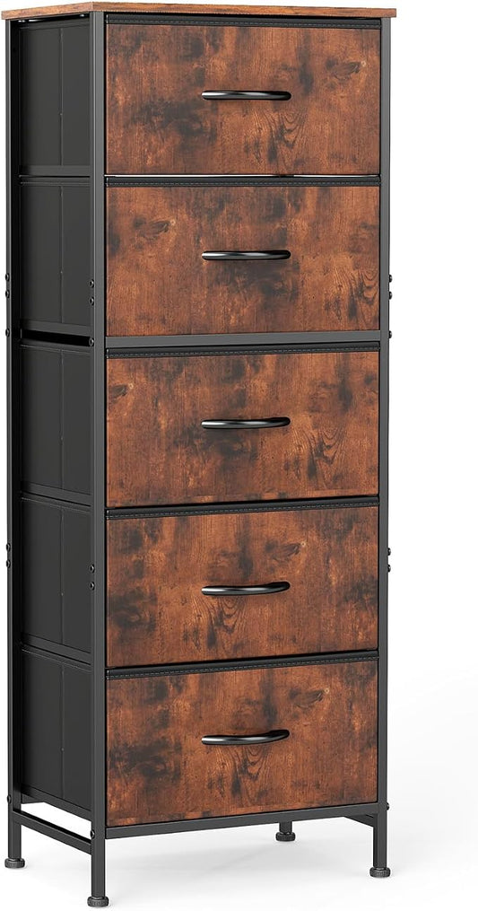 DUMOS Nightstand with 5 Drawers, Bedside Table with Removable Fabric Bins, Sturdy Steel Frame Wood Top Skinny Dresser for Bedroom Closet Living Room, Brown