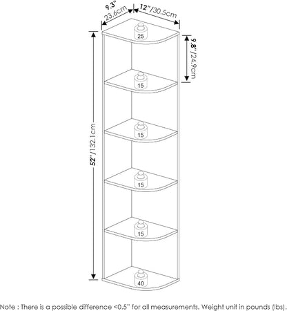 Furinno PASIR Book Shelf, 5-Tier Corner Bookshelf with Open Shelf, Standing Bookcase, 9.3 x 12 x 51.7, for Organization and Storage, for Living Room, Bedroom, Home Office, White