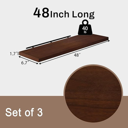 Floating Shelves for Wall, 48 Inch Extra Long Walnut Wall Shelves, Set of 3, Hanging Invisible Brackets Floating Shelves for Living Room,Bedroom,and Kitchen