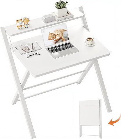 GreenForest Folding Desk No Assembly Required Large Size, 2-Tier Foldable Computer Desk with Shelf for Home Office, Space Saving Portable Laptop Study Foldable Table for Bedroom, White