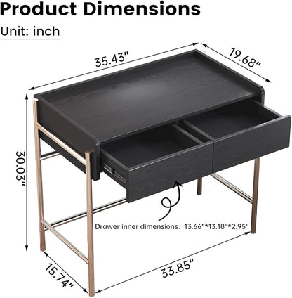 Home Office Computer Desk, Metal Frame Simple Dressing Vanity Table Without Mirror, Modern Minimalist Work Desk with 2 Drawers for Home Office, Bedroom and Living Room