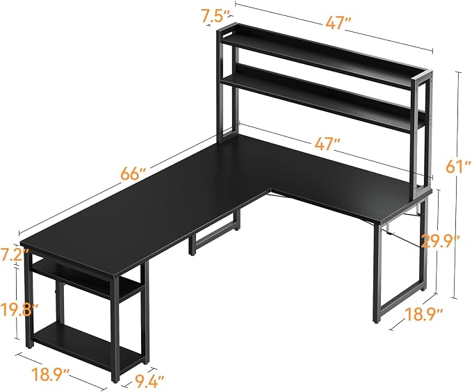 ODK L Shaped Gaming Desk with Hutch, Computer Desk with Storage Shelves, 66" L Shaped Desk for Home Office, Corner Desk with Headphone Hook, Black