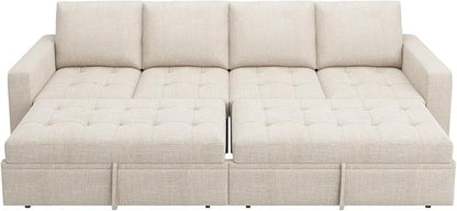HONBAY Modular Sectional Sleeper Sofa with Pull Out Bed, Linen Convertible Sectional Couches for Living Room,Beige