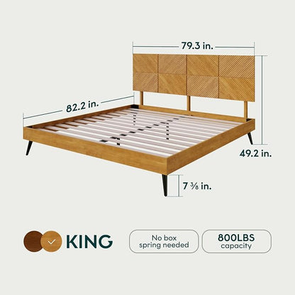 Bme Rhombus King Bed Frame – Solid Rubber Wood with Geometric Rhombus Headboard, Teak Brown Finish, Scandinavian Modern Platform Bed with Sturdy Slats & Metal Legs, No Box Spring Needed