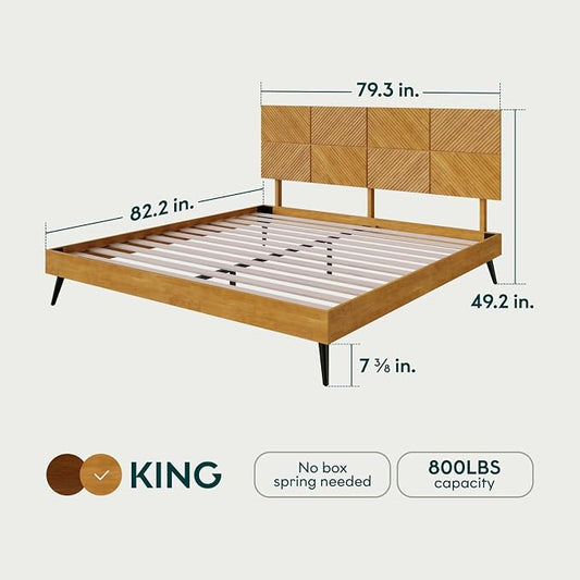 Bme Rhombus King Bed Frame – Solid Rubber Wood with Geometric Rhombus Headboard, Teak Brown Finish, Scandinavian Modern Platform Bed with Sturdy Slats & Metal Legs, No Box Spring Needed