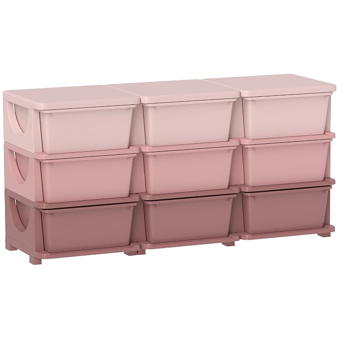 Qaba 3 Tier Kids Storage Unit, Toy Organizers and Storage with 9 Drawer Chest for Kids Bedroom Nursery Kindergarten Living Room for Boys Girls Toddlers, Pink