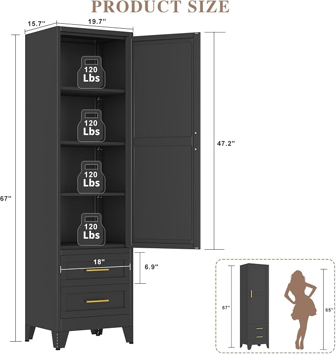Metal Tall Narrow Storage Cabinet,Freestanding Floor Cabinet with 2 Drawers and 3 Adjustable Shelves,Pantry Storage Cabinets for Bathroom,Living Room,Entryway and Kitchen,Black