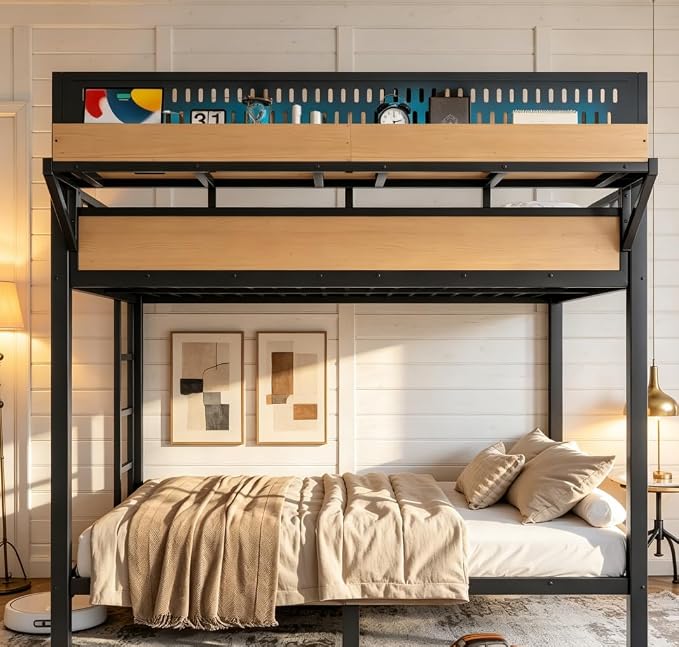 Bellemave Bunk Bed Full Over Full，Metal Bunk beds with Storage Shelves USB Ports and LED Lights, Natural