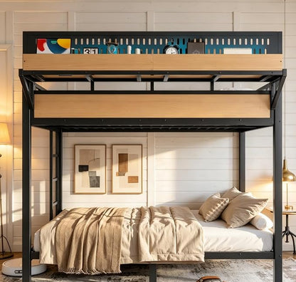 Bellemave Bunk Bed Full Over Full，Metal Bunk beds with Storage Shelves USB Ports and LED Lights, Natural