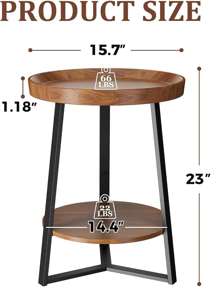 Gadroad Round End Table with Storage Shelf, 2 Tier Farmhouse Side Table Nightstand for Living Room, Bedroom, Wood Tabletop & Black Metal Frame, Brown 15.7 * 15.7 * 23.0inches