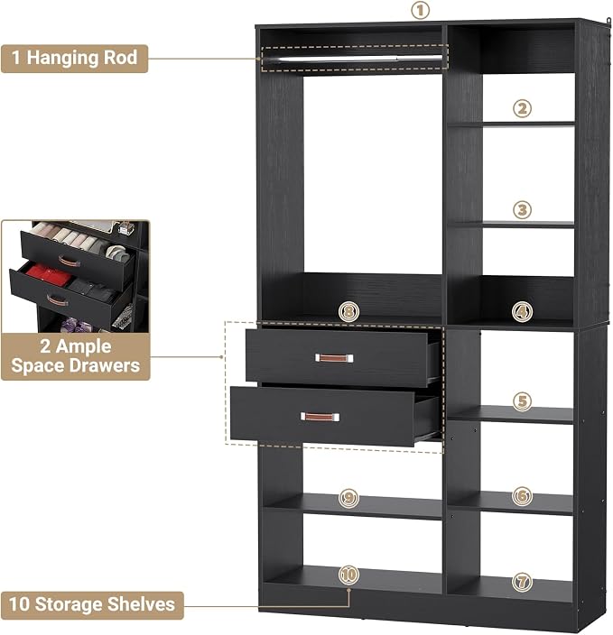 Armocity Freestanding Closet System, 40 Inches Stand-Alone Wardrobe with 10 Shelves, 80'' Height Adjustable Cloth Garment Rack with 2 Wood Drawers, Wood Walk-in Closet with Hanging Rod, Black