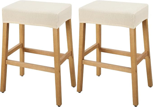 YISUN Stool Covers Rectangle - 2 Pack Stretch Waterproof Saddle Seat Cover Counter Bar Stools Bar Chairs Covers Kitchen Island Chairs Cushion Protector (2, Beige)