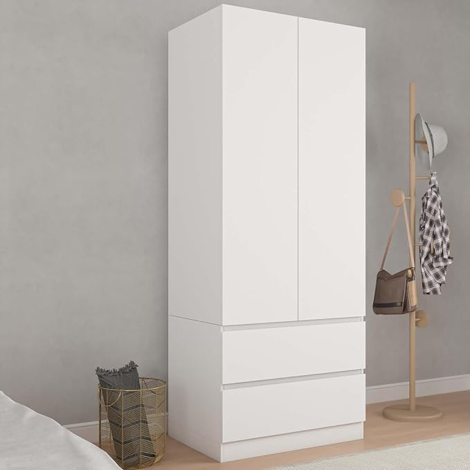 Bobve 78.74'' Armoire Wardrobe Closet with 2 Doors and 2 Drawers, Bedroom Armoire with Hanging Rod, Freestanding Wooden Closet Storage Cabinet, White