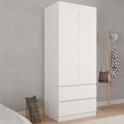 Bobve 78.74'' Armoire Wardrobe Closet with 2 Doors and 2 Drawers, Bedroom Armoire with Hanging Rod, Freestanding Wooden Closet Storage Cabinet, White