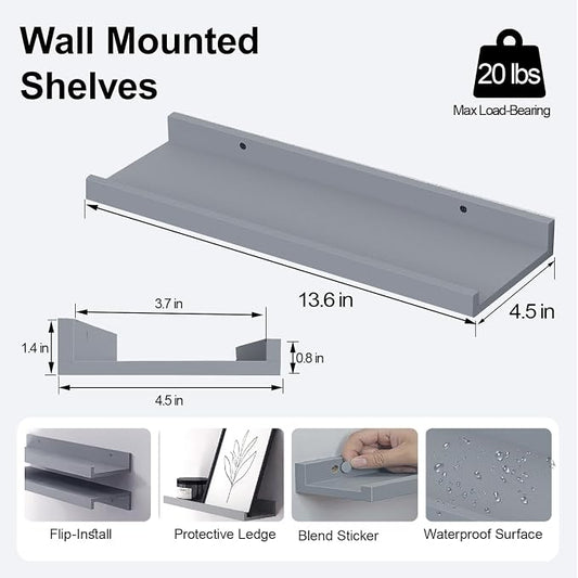 Floating Shelves for Wall Decor, Wall Mounted Wood Storage Shelf for Bedroom, Living Room, Bathroom, Kitchen, Nursery, Display Picture Ledge Shelf with Lip Set of 2-14 Inches, Grey