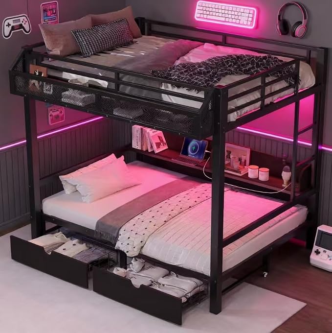 Bellemave Bunk Bed Full Over Full，Metal Bunk beds with Storage Shelves and Drawers USB Ports and LED Lights, Lower Bed That can be Converted into a Sofa, Black
