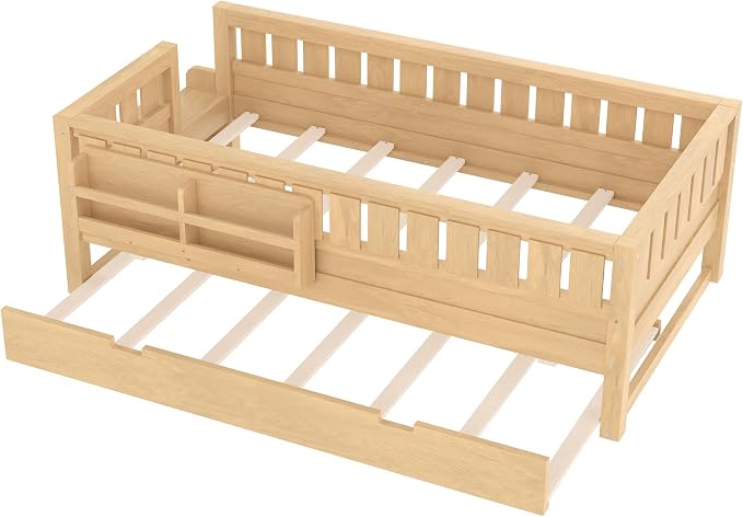 Bellemave Twin Size Kids Bed with high Rails and with Built-in Bookshelf and Trundle for Kids, Girls, Boys, Wood Montessori Bed Without Door, Light Natural