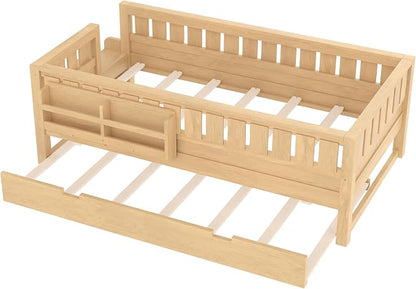 Bellemave Twin Size Kids Bed with high Rails and with Built-in Bookshelf and Trundle for Kids, Girls, Boys, Wood Montessori Bed Without Door, Light Natural