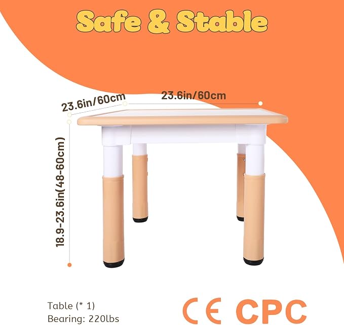 FUNLIO Adjustable Kids Table, 3-Level Height for Ages 3-8, Easy to Wipe Arts & Crafts Toddler Table for Classrooms/Daycares/Homes, CPC & CE Approved, 23.6 x 23.6 Inches, Natural