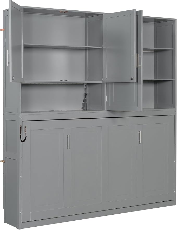Twin Murphy Bed with Storage, Folding Wall Bed with Top Cabinet and Shelves | Flexible slats and a dual-piston mechanism help lift and lower the bed smoothly, with 400 lb capacity for daily use.