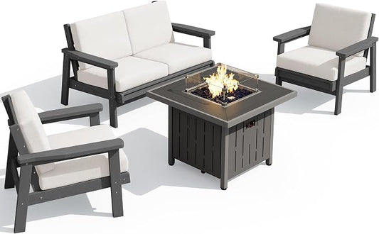 SERWALL Patio Furniture Set with 33” Fire Pit Table, HDPE Outdoor Sectional Sofa Set with Thickened Cushions, Grey Frame with Khaki Cushions