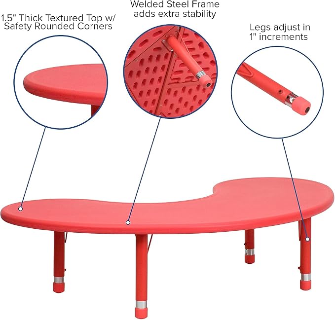 Flash Furniture 35''W x 65''L Half-Moon Red Plastic Height Adjustable Activity Table