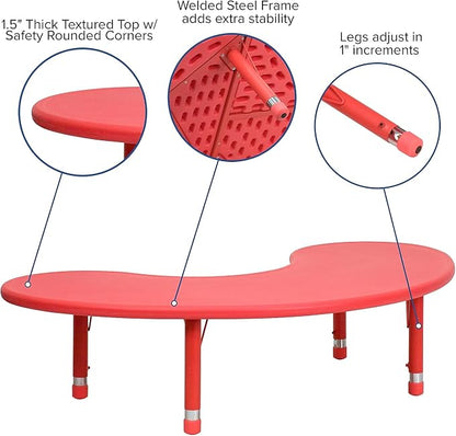 Flash Furniture 35''W x 65''L Half-Moon Red Plastic Height Adjustable Activity Table