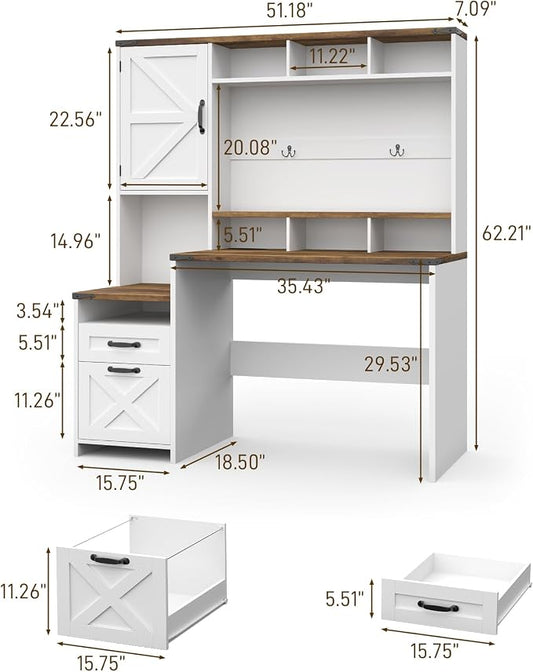 Vabches 51" Executive Desk Farmhouse Home Office Desk with Charging Station, LED Light, File Drawer, Storage Cabinet, Monitor Stand, Wood Computer Desk with Hutch for Work Study Writing (White)