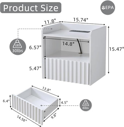 BuildHom Modern Fluted Floating Nightstand Wall Mounted - Bedside Table with Storage Drawer & Display Shelf, Minimalist Bedroom Furniture for Studio Apartments (Matte White)