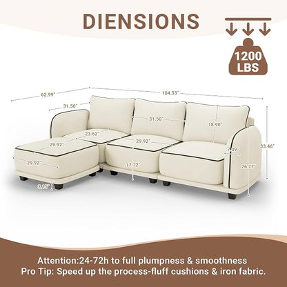 104 Inch L Shaped Modular Sectional Sofa, 4 Seater Modern Cloud Chenille Comfy Couch with Movable Ottoman & 3 Back Pillows, Oversized Comfy L Shape Couch for Living Room, Bedroom, Apartment, Beige