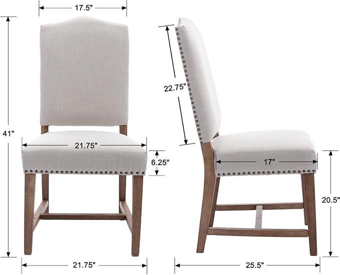 EALSON Farmhouse Dining Chairs Set of 2 Upholstered Dining Room Chairs with Wood Legs and Nailhead Trim Mid Century Modern Kitchen Chairs with High Back Padded Parson Chairs, Linen Beige