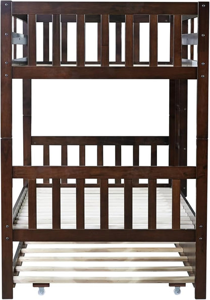 Merax Twin-Over-Twin Bunk Bed with Movable Trundle, Solid Wood Detachable Bunk Bed with Safety Guardrial and Ladder, Can be Converted Into 3 Separate Beds (Espresso)