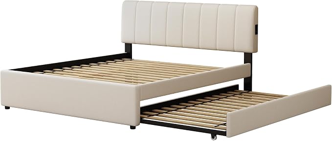 Queen Size Upholstered Platform Bed with Pull-Out Trundle Bed | Twin Size Trundle, LED Lighting Controlled by APP, USB+Type-C Charging Ports, Chenille Upholstered Bed Frame,Beige