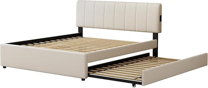 Queen Size Upholstered Platform Bed with Pull-Out Trundle Bed | Twin Size Trundle, LED Lighting Controlled by APP, USB+Type-C Charging Ports, Chenille Upholstered Bed Frame,Beige