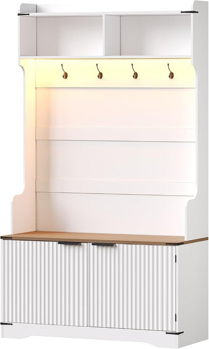Maupvit 67" Tall Modern Boho Hall Tree with Bench and Shoe Storage, Entryway Fluted Coat Tree, Mudroom Bench with Flip Drawers, 4 Coat Hooks, Adjustable LED Light for Garage, Halls, White