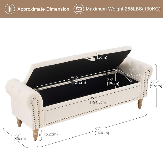 Furniliving 63” End of Bed Storage Bench, Bedroom Bench with Button-Tufted, Upholstered Storage Ottoman Benches Window Bench with Storage, Chenille Bench for Living Room, Entryway, Beige