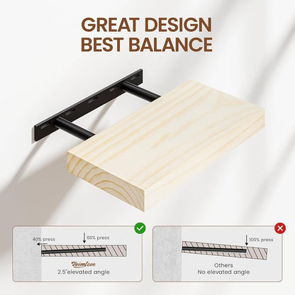 Heimlove Unfinished Wood Floating Shelves, Pine Shelves for Wall Set of 2, Wall Mounted Rustic Wood 8 Inch Deep Floating Shelf with Invisible Brackets for Bedroom Kitchen Living Room - Natural, 16x8