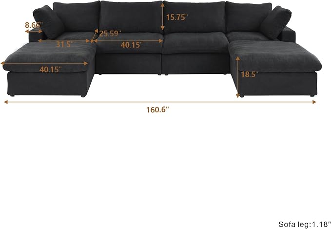 Cloud Couch Modular Sectional Sofa with 2 Storage Ottomans,160.6" U Shaped Sofa Couch,6 Seater Minimalist Wide Deep Seat Convertible Couches, Covers Washable&Replaceable,Black