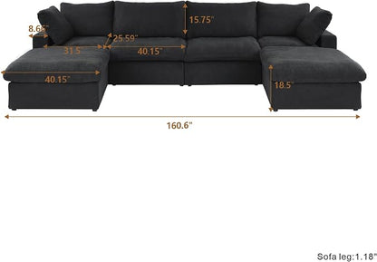 Cloud Couch Modular Sectional Sofa with 2 Storage Ottomans,160.6" U Shaped Sofa Couch,6 Seater Minimalist Wide Deep Seat Convertible Couches, Covers Washable&Replaceable,Black