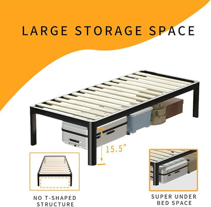 MAF Metal 18 Inch Twin Platform Bed Frame with Anti-Collision Round Legs, Black 3500 Lbs Heavy Duty Bed Frame with Wood Slats, No Box Spring Needed, Easy Assembly