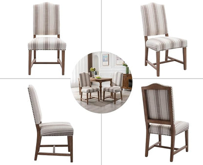 EALSON Farmhouse Dining Chairs Set of 4 Upholstered High Back Padded Parson Chairs with Wood Legs and Nailhead Trim - Linen Brown Stripe