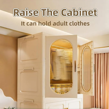 Foldable Storage Cabinet with 2 Storage Bins, 3-Tier Portable Closet Organizer with Doors, Modular Folding Armoire with Wheels for Nursery Room Organization, Clear