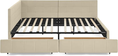 Bellemave Full Size Corner Bed Frame with Storage Drawers, Comfortable Backrest and Armrests, Velvet Tufted Corner Bed Frame Full Size, Upholstered Daybed for Bedroom, Living Room, Guest Room, Beige