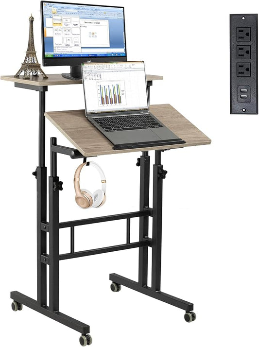 Hadulcet Mobile Standing Desk Adjustable Height with Charging Station | Standing Computer Desk, Standing Adjustable Laptop Cart with Wheels for Home Office Classroom Light Grey
